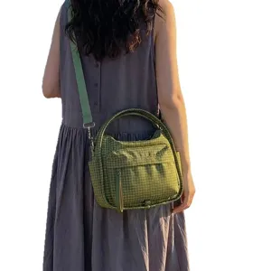 Green plaid oxford cloth crossbody tote bag casual minimalist large shoulder bag new