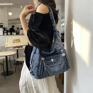 Women's Vintage Washed Denim Tote Bag Multi-Functional Commuter Crossbody Bag Millennial Spicy Girl Style Backpack