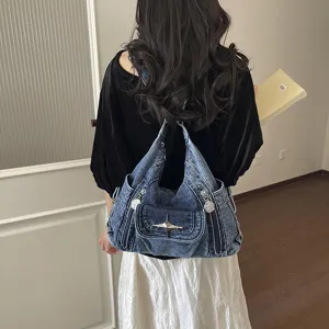 Y2K Denim 3-Way Tote Bag for Women, Vintage Motorcycle Style Backpack and Crossbody Bag Chic
