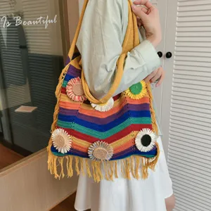 Bolso de hombro de punto a rayas de colores con girasoles de ganchillo 3D y flecos, bolsa de playa.