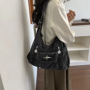 Y2K vintage washed black denim shoulder bag for women trend Y2K streetwear handbag
