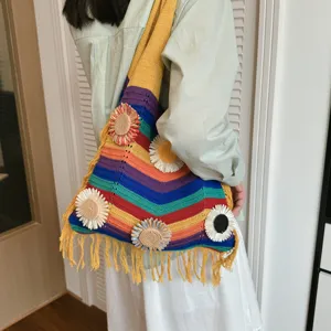 Bolso de hombro de punto a rayas de colores, bolso de playa grande para vacaciones.