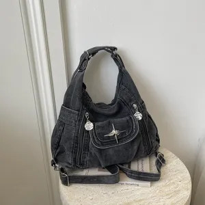 Vintage washed black denim multi-way shoulder bag Y2K commuter motorcycle crossbody tote