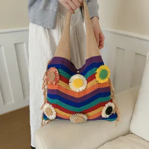 Bolso De Hombro Tejido A Rayas Multicolor Gran Capacidad Casual De Playa Con Flores 3D