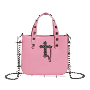 Bolso de hombro gótico rosa para mujer con tachuelas de cruz y cadena, bolso elegante