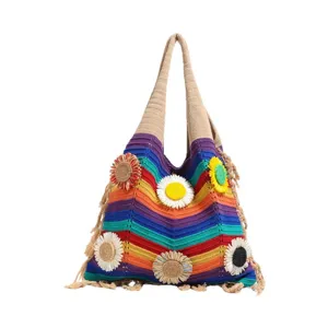 Bolso de hombro de punto a rayas de arco iris gran capacidad bolso de playa