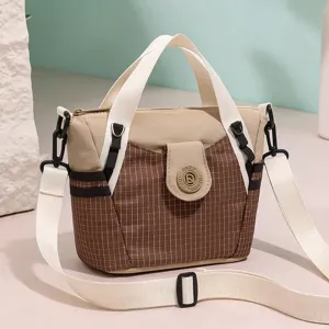 Trendy nylon crossbody bag with brown plaid pattern, casual tote shoulder bag for daily commute.