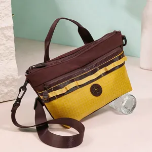 Casual Crossbody Bag Brown Yellow Grid Pattern Stylish Lightweight Shoulder Handbag for Women