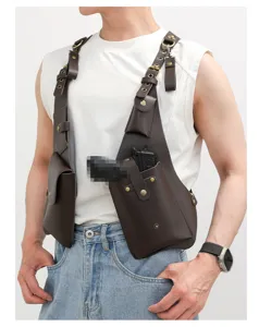 Detail view of men tactical vest bag shoulder holster multi-functional outdoor chest harness.