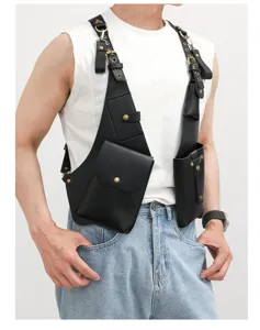 Detailed shot of men tactical harness vest bag, black PU leather multi-pocket chest bag.