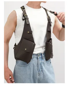 Men tactical harness bag, PU leather holster vest bag, multi-pocket streetwear chest rig.