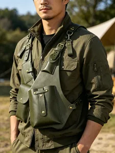 Outdoor tactical chest rig bag detail, multi-pocket leather harness vest for men