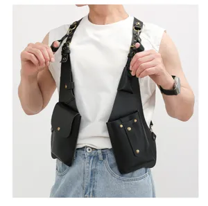 Men tactical chest rig bag streetwear faux leather multi pocket vest holster bag