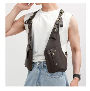 Detailed view of dark brown PU leather tactical shoulder holster bag with multiple pockets.