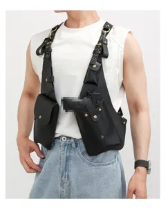 Men tactical shoulder holster bag black PU leather outdoor multi-pocket vest bag stylish