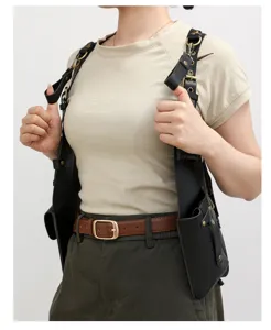 Multifunctional black leather shoulder harness bag tactical vest for men outdoor sports.