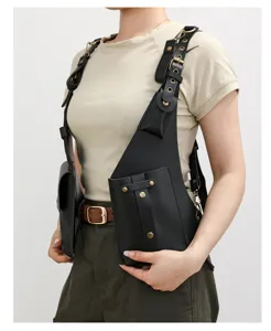 Multi-functional tactical holster vest bag, adjustable straps, sleek black design, detail view.