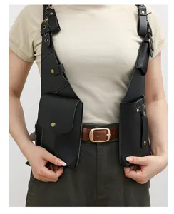 Black PU leather tactical vest bag multi-pocket shoulder holster bag for men and outdoor use.