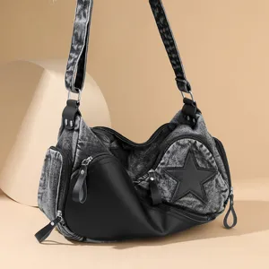 Women fashion denim star patch shoulder bag casual crossbody underarm bag for daily use