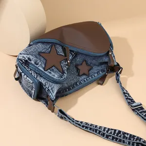 Fashion denim star shoulder bag vintage casual crossbody bag for women daily commute stylish purse