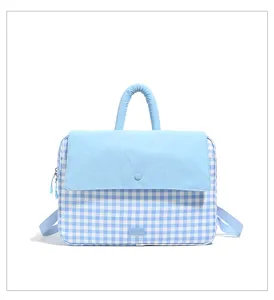 Blue white gingham laptop backpack detail, stylish commute multi-purpose bag with top handle.