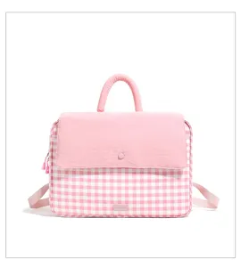 Pink gingham laptop backpack cute commuter school bookbag with top handle and shoulder straps.