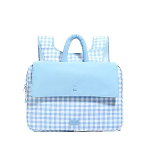 Blue and white checkered laptop backpack stylish daily commute multi-purpose bag.