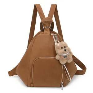 Zaino Tote Retro da Donna di Grande Capacità con Materiale Resistente Tasca Anteriore con Zip e Ciondolo Orsetto Carino