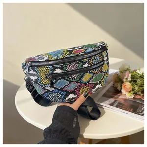 Detailed view of the colorful snake print fanny pack with multi-layer zippers and strap.