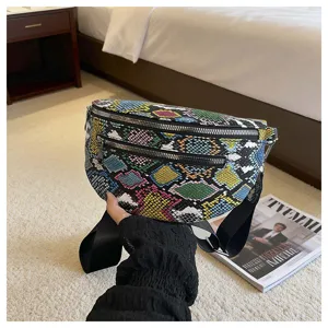 Colorful snakeskin crossbody waist bag with double zippers and wide strap for daily fashion wear.