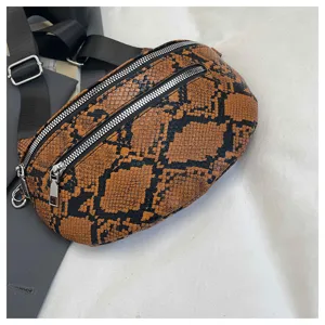 Detailed view of the stylish snake print crossbody bag, showing texture and zippers.