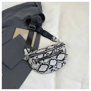 Fashion black and white snakeskin crossbody bag, stylish dumpling chest bag with wide strap.