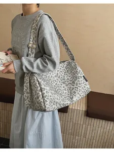 Grey leopard print canvas shoulder bag, large capacity underarm pillow tote for women.