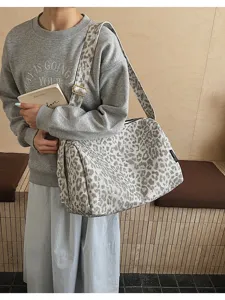 Leopard print canvas shoulder bag for women, large capacity fashion underarm tote and pillow handbag.