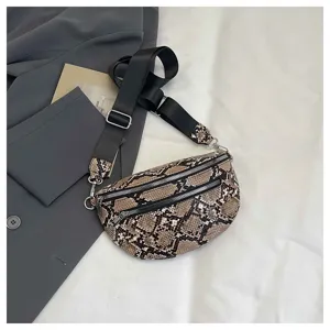 Stylish snakeskin crossbody bag with wide strap and dual zippers, lightweight and trendy for daily.