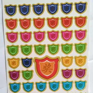 Colorful reward stickers for kids, cute shield shape puffy sticker sheet for school encouragement.