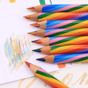 Creative rainbow colored pencils with multi-color core for kids drawing and art sketch.