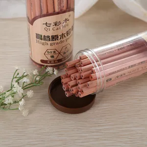 Detailed view of eco-friendly wooden HB pencils in a clear barrel, perfect for students.