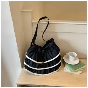 Sac porté épaule plissé noir avec volants blancs, sac seau décontracté en toile femme.
