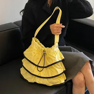 Sac Seau en Tissu Oxford pour Femmes Sac Bandoulière Décontracté pour Trajet Design Plissé Volant Grande Capacité