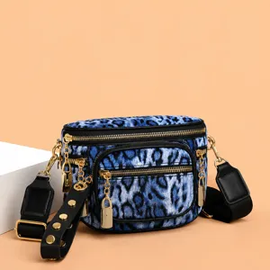 Blue leopard print women waist bag large capacity chest bag crossbody with wide strap.