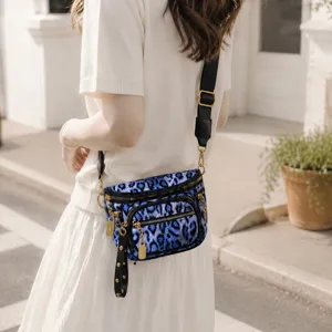 Fashion blue leopard print women waist bag crossbody chest bag with wide strap for daily use