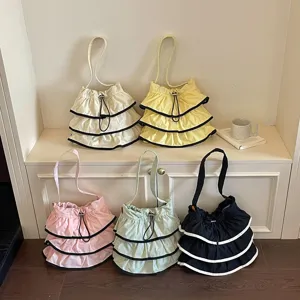 Sac à bandoulière en toile à volants pour femmes sac seau plissé décontracté
