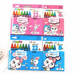 Crayon box detail showing colorful pigment sticks in 8 and 12 color sets for kids drawing.