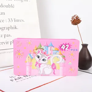Detail view of the pink children stationery box set featuring cute cartoon cat and castle theme.