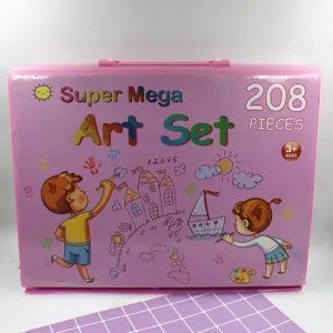 Detailed view of the 208-piece kids art set in a pink portable box with colorful drawing tools inside.