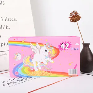 Detailed view of the pink unicorn themed 42 pcs children art painting stationery box packaging.