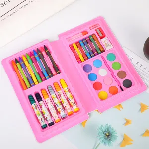 42-piece kids art set detail, colorful crayons and watercolors in a pink case for drawing.