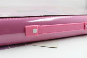 Pink art set carrying case with plastic handle for kids painting supplies and stationery storage.