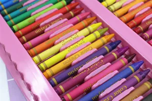 Colorful oil pastel crayons set in pink plastic storage box, ideal for kids drawing and art gifts.